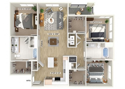 Floor plan for 3 beds, 2 baths, 1447 sqft